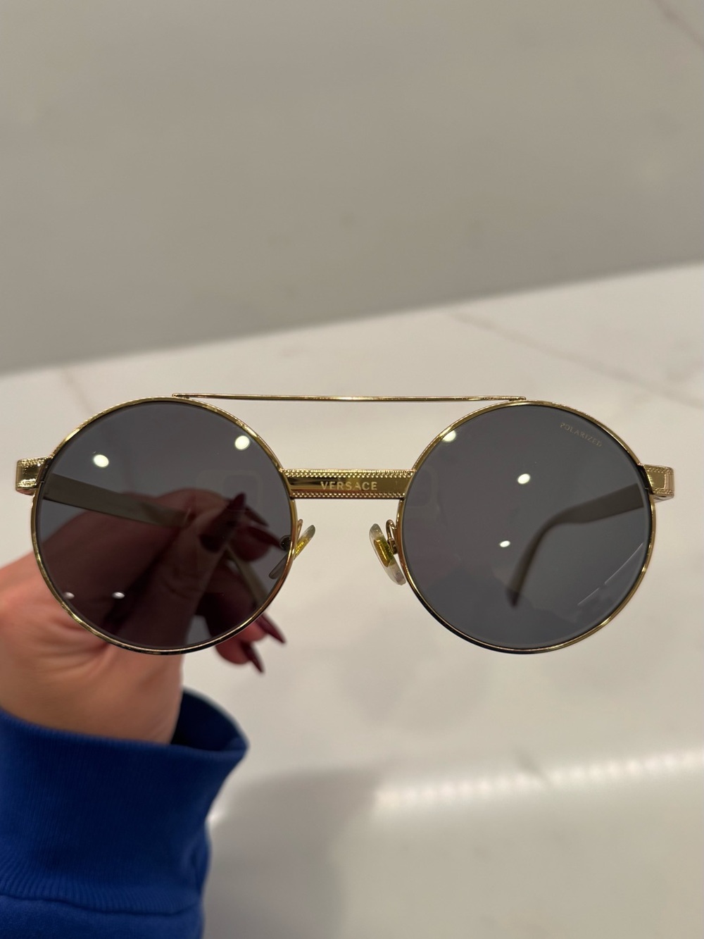 Versace Gold Frame Round Sunglasses with Polarized Lenses